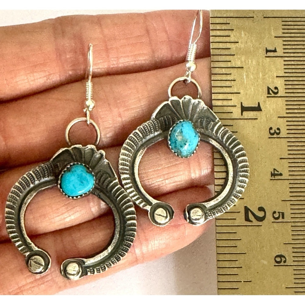 Navajo Naja Turquoise Earrings 2in Billah Sterling Matte Hook 925 Squash Blossom